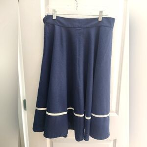 Rock Steady Navy Swing A-Line Midi Skirt with Ivory Ribbon Accent